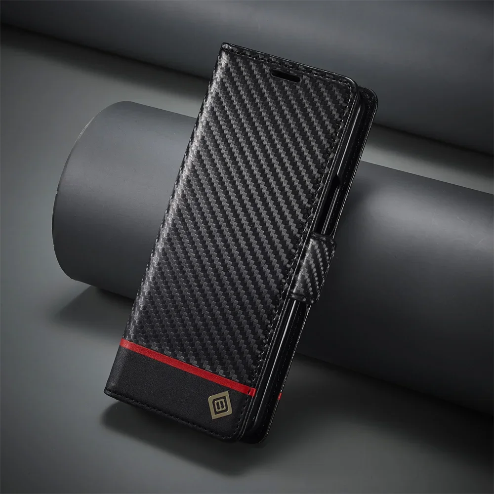 Leather Wallet Card Holder Phone Cover - Lüks Karbon Fiber PU Deri Kapak