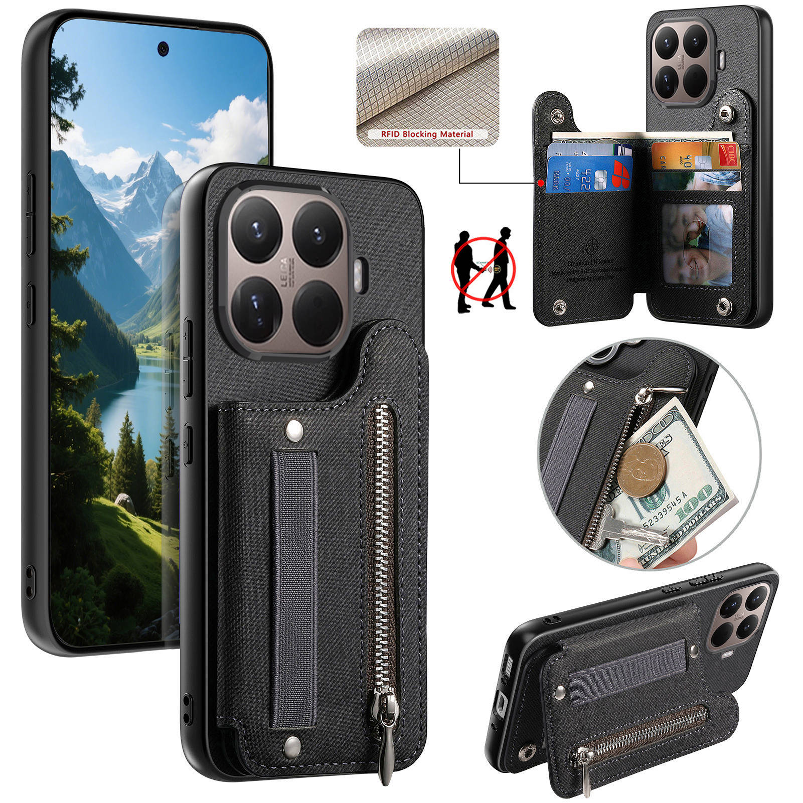 Leather Wallet Card Holder Phone Cover - RFID Bilek Kayışı Fermuarlı Cüzdan Deri